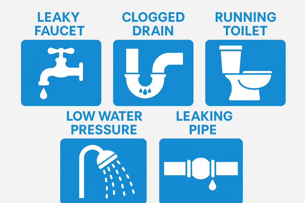 Infographic showing the five most common plumbing problems: leaky faucet, clogged drain, running toilet, low water pressure, and leaking pipe.