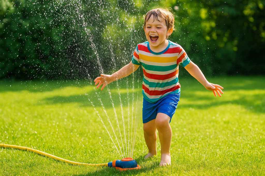 Kid playing in sprinkler in summertime