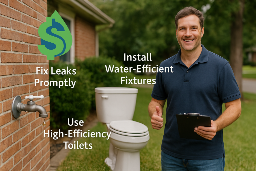 Homeowner standing in the yard with a clipboard, reviewing a checklist of water-saving tips near a dripping outdoor faucet and a high-efficiency toilet.