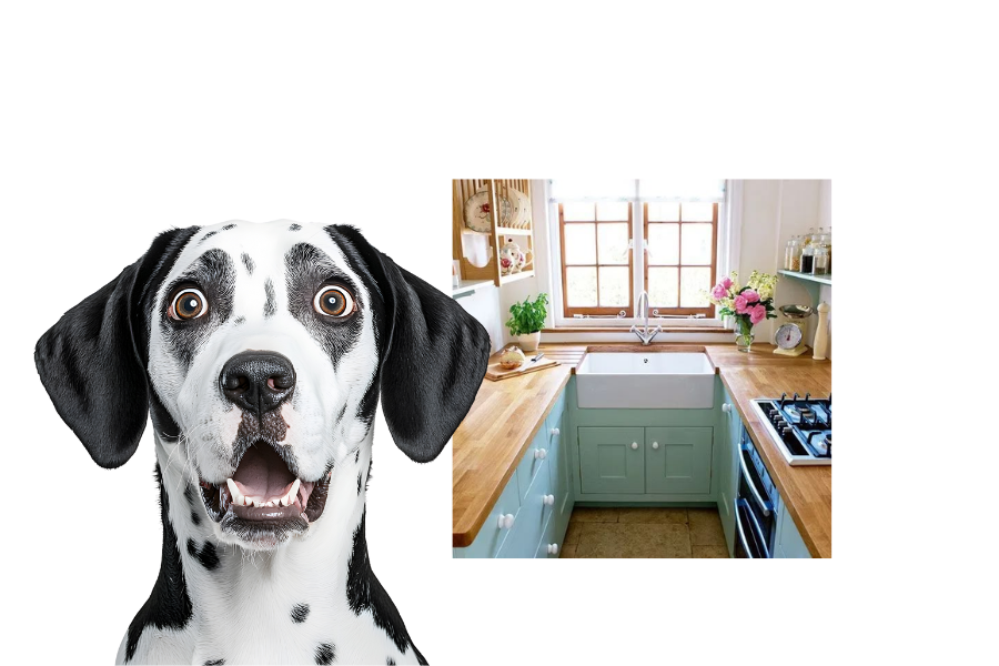 Even the dog is surpised at the new small kitchen design