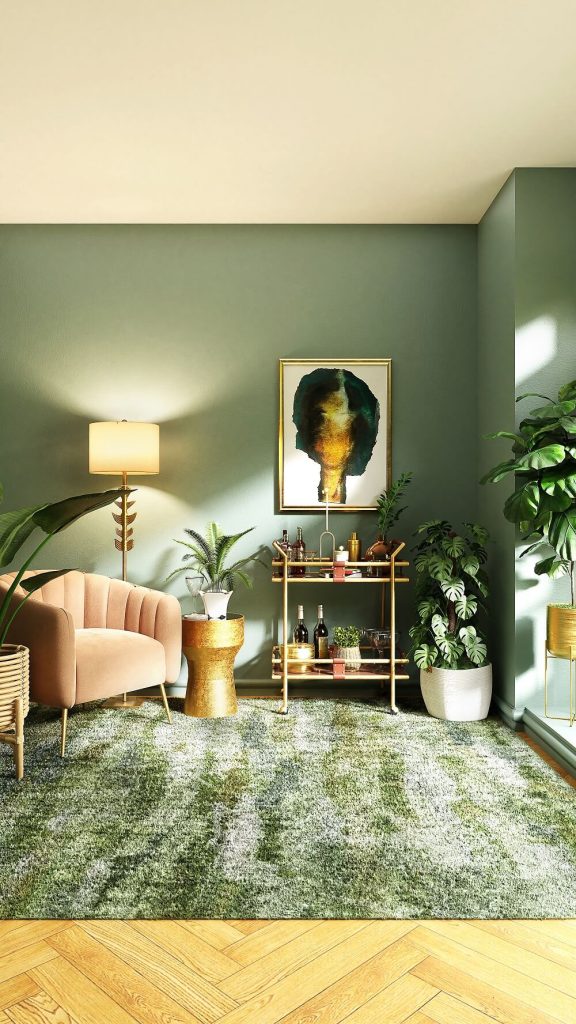 Trending home interior with green accent walls and decor