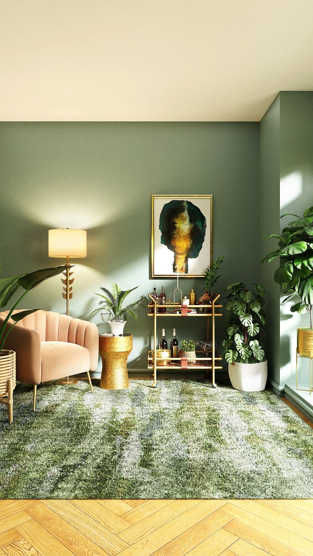 Trending home interior with green accent walls and decor