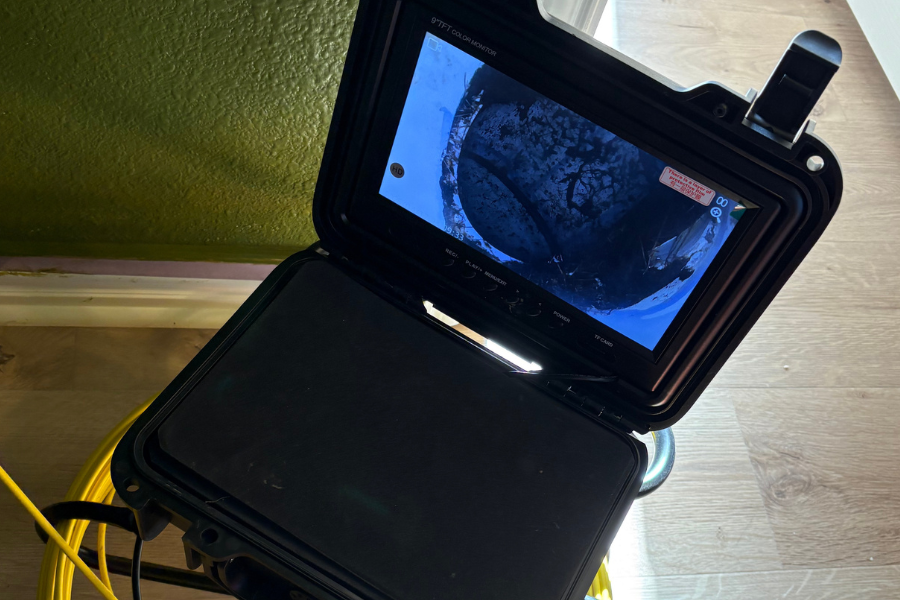Plumber performing a sewer camera inspection inside a residential sewer pipe.