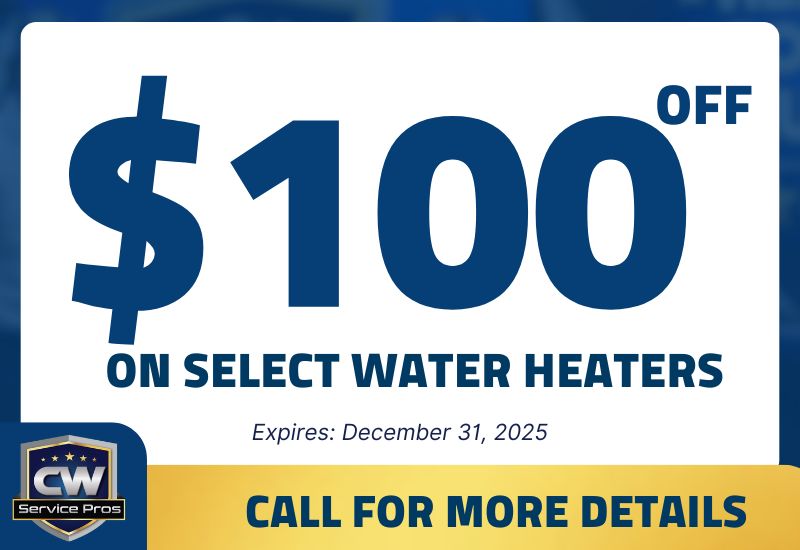 $100 off select water heaters discount offer banner