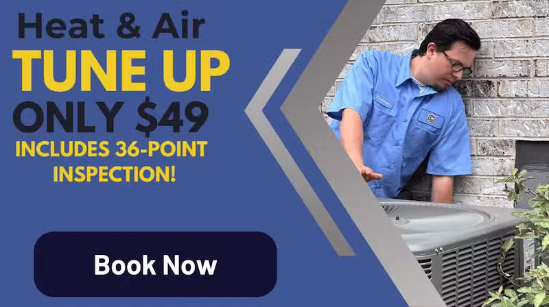 $49 Heat and air tune up services with technician inspecting AC unit