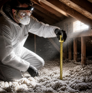 A professional measuring attic insulation depth with a tape measure to check R-value.