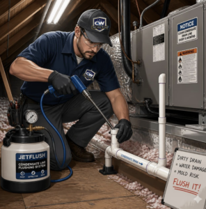 Technician clearing a clogged PVC condensate drain line on an attic air conditioner.